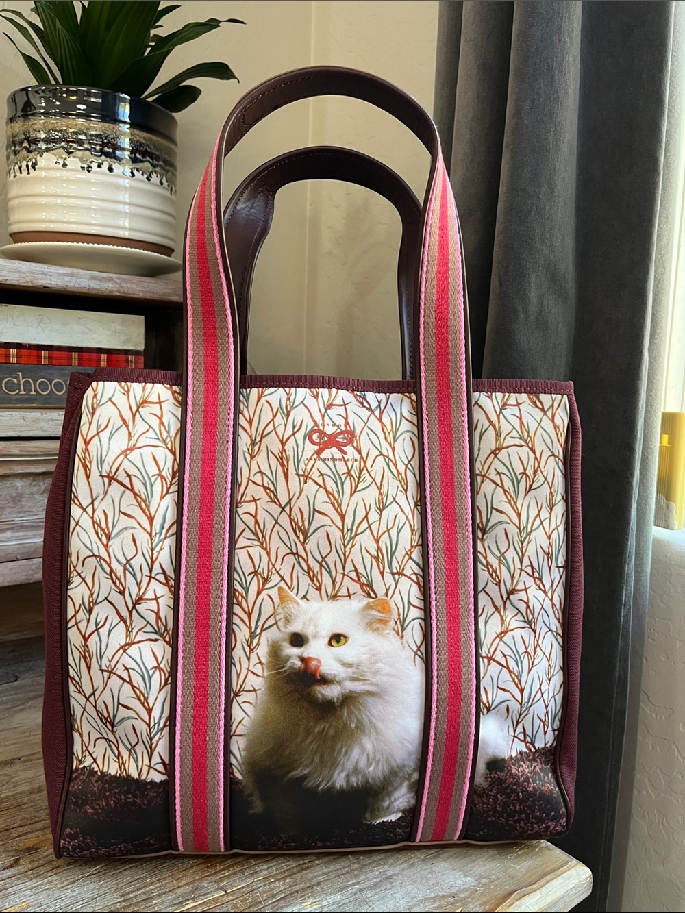 🐈 Anya Hindmarch Tote Bag Cat Print Striped Handles Canvas Leather